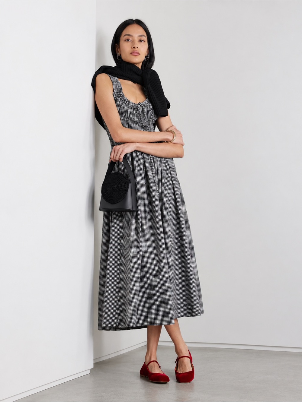 DÔEN Emmaretta Dress Black Gingham Smocked Midi Dress Size M